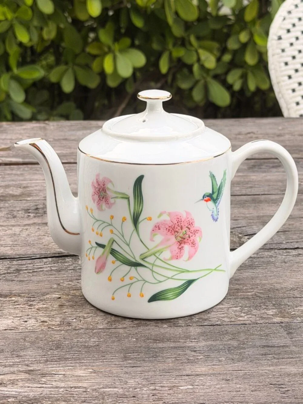 Vintage MCM White Porcelain Teapot with Hummingbird & Pink Lily Flowers Japan